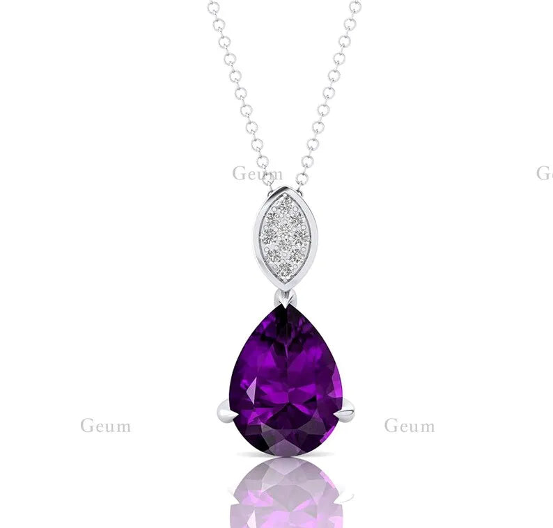 18kt Solid Gold Natural Amethyst Gemstone Real Diamond Teardrop Pendant Necklace Cute Rhodium Plated Luxurious Handmade Jewelry