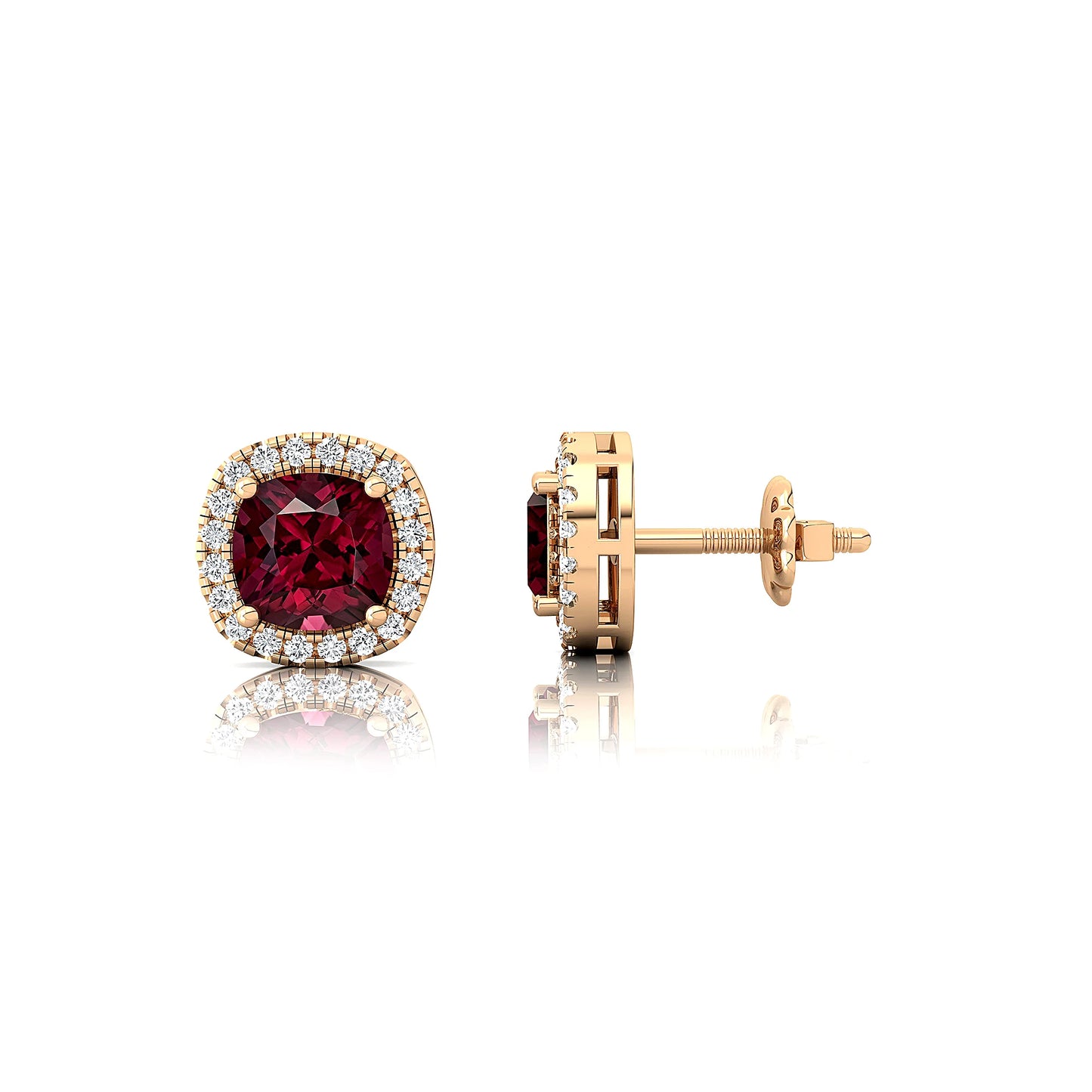 18k Solid Gold Cute Dainty Studs Cushion Cut Natural Garnet Rhodium Plated Push Back Stud Earrings With Real Diamonds Jewelry