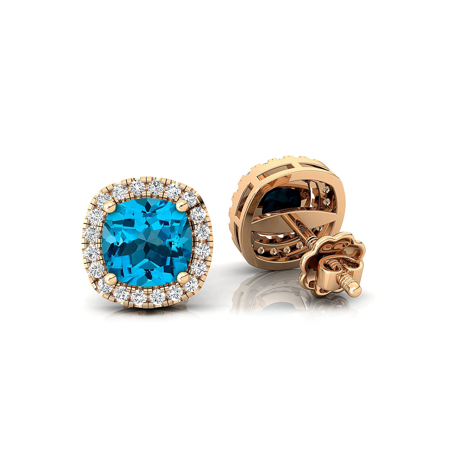 Swiss Blue Topaz Gemstone & Real Diamond Stud Earrings Cushion Cut Halo Design Rhodium Plated Solid Gold Stud Earrings For Women