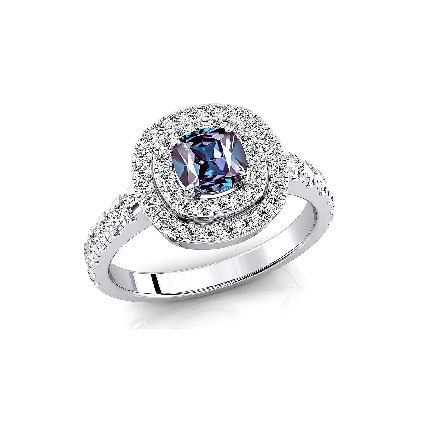 18k Solid Gold Handmade Rings Cushion Cut Lab Grown Alexandrite Gemstone and Real Diamonds Wedding Rhodium Plated Halo Ring