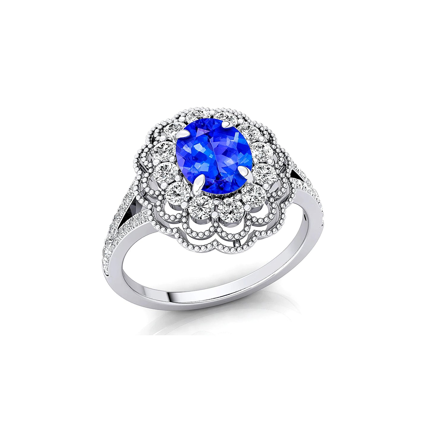 Natural Birthstone Tanzanite Gemstone Flawless Cut Cluster Rings 18k Solid Gold Studded Real White Diamond Halo Solitaire Ring