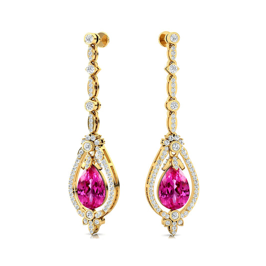 Solid Gold Luxurious Design Pear Cut Lab Grown Pink Sapphire Gemstone Cute Wedding OEM Birthstone Dangle Drop Earring