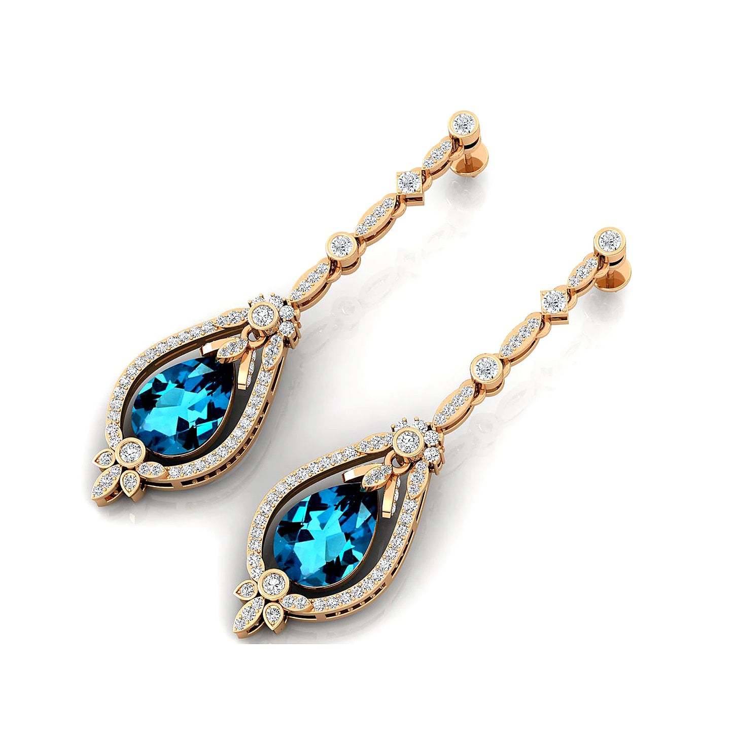 Pear Cut Natural London Blue Topaz Gemstone Real Diamond 18K Solid Gold Dangle Drop Halo Earrings Wedding Party Gift for Women