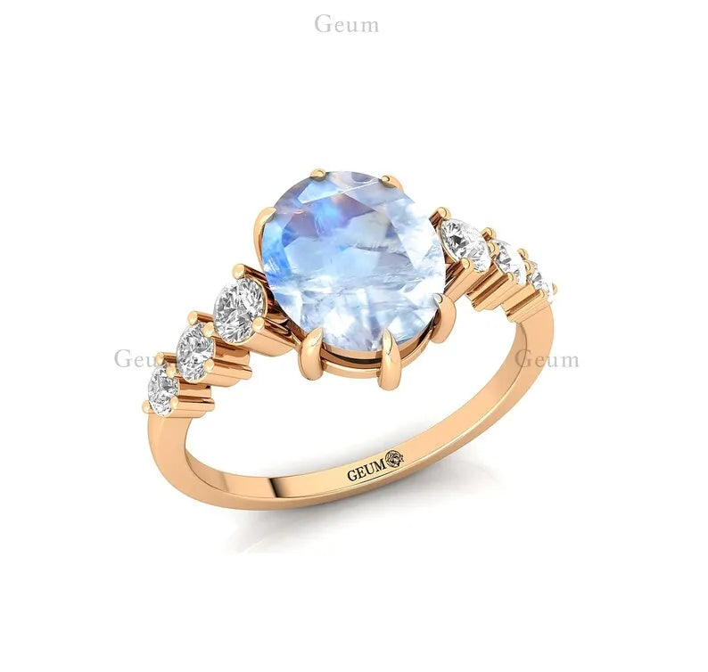 Exquisite Oval Cut Natural Rainbow Moonstone Gemstone Bridal Wedding Party Cluster Rings 14k Solid Gold Genuine Diamond Classic