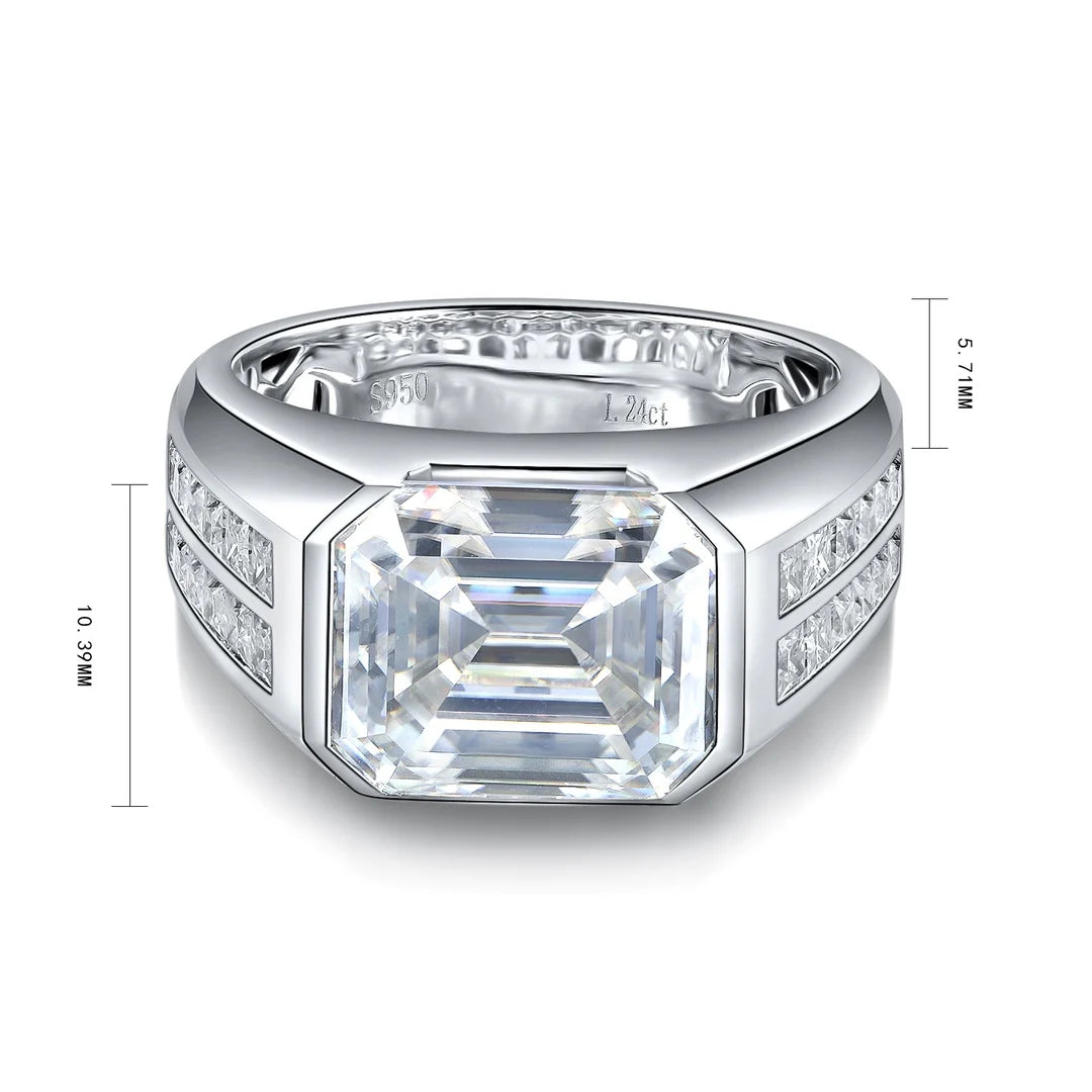 Gemfiori Anster Moissanite Diamonds and Ring S925 Sterling Silver Emerald Cut White Moissanite Men Ring
