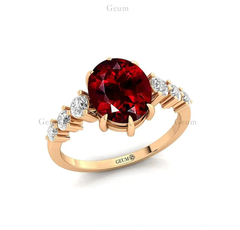 18K Solid Gold Ring With Natural Red Garnet Gemstone Luxurious Design Pure Gold Fine Birthstone Jewelry With Real Diamonds OEM