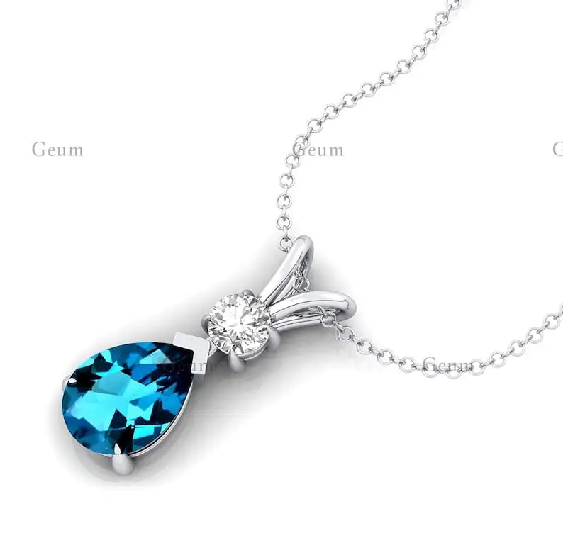 Pear Shape London Blue Topaz 14K Solid Gold Rhodium Plated Pendant Natural Diamond Tear Drop Necklace Anniversary Gift For Wife