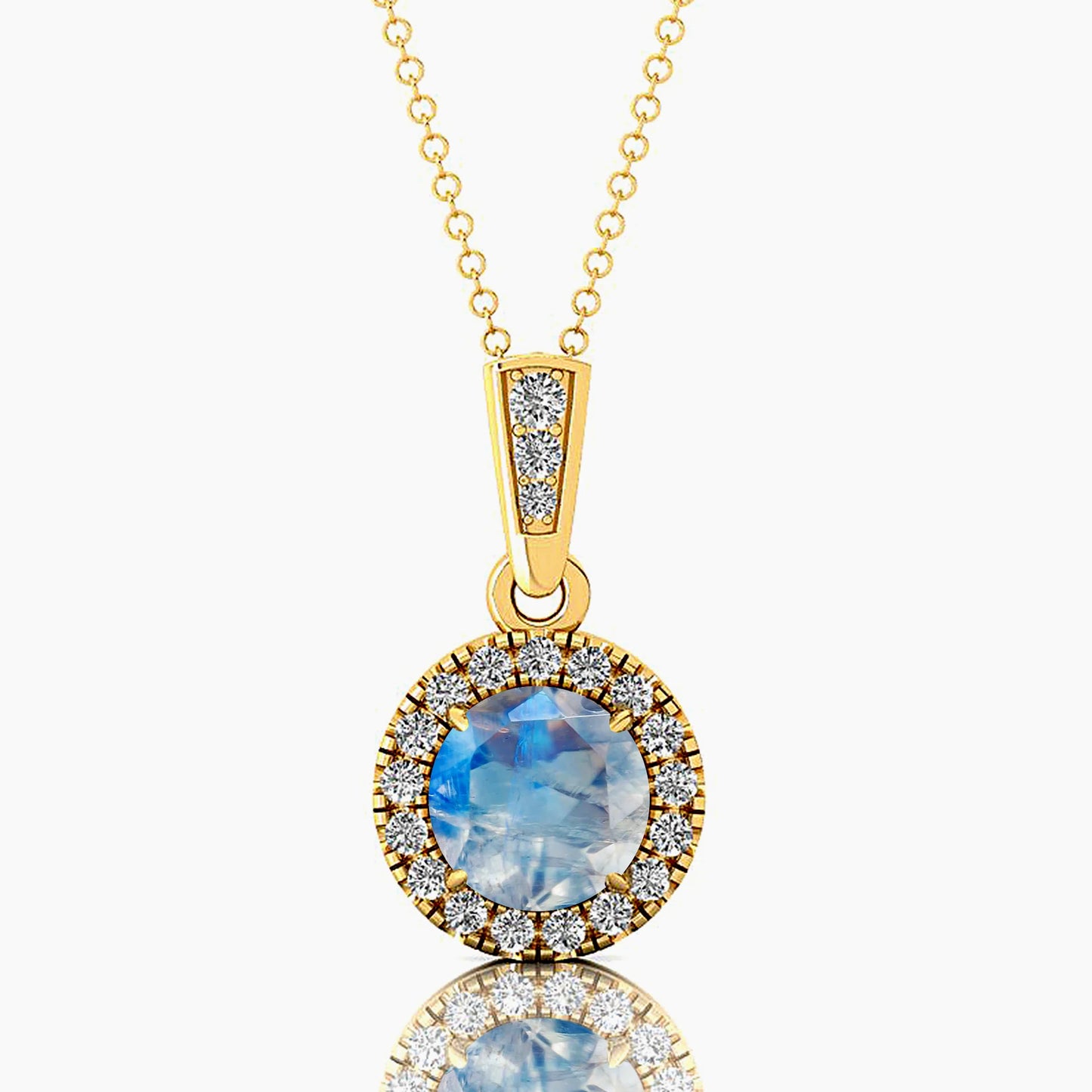 Beautiful Halo Solitaire Charm's Pendant Rainbow Moonstone Jewelry Rhodium Plated 14k Gold Necklace