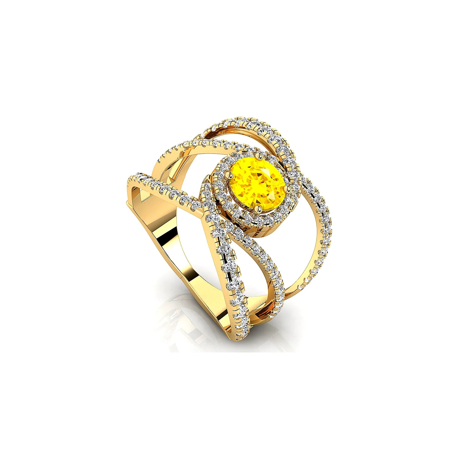 Luxurious Fashionable Design 14k Gold Wedding Ring Adorned With Lab Grown Yellow Sapphire Gemstone & Natural Diamonds Halo Ring