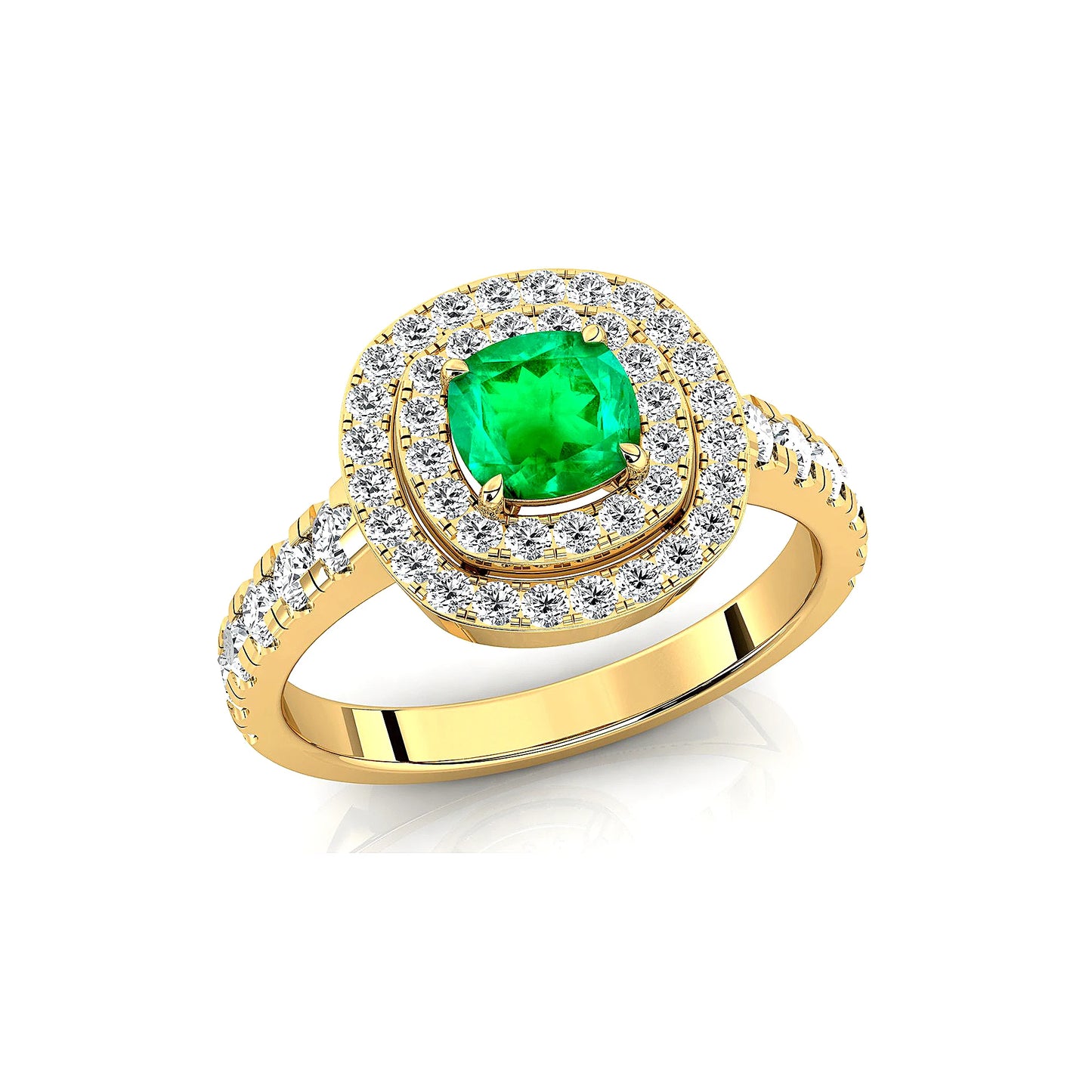 Lab Grown Emerald Gemstone Wedding Rings with Real White Diamonds Cushion Cut Halo Design Premium 18k Solid Gold Rhodium Plated