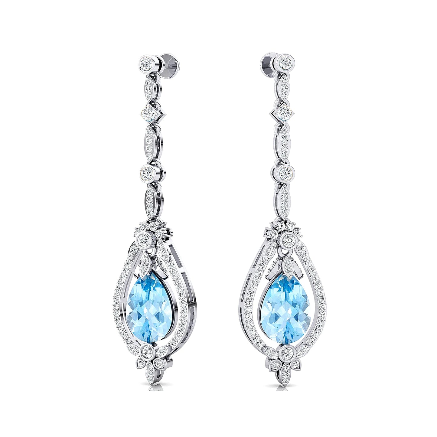 Solid Gold Women's Dangle Drop Earrings Natural Aquamarine Real White Diamond Wedding Engagement Party Gift Bulk ODM Rhodium
