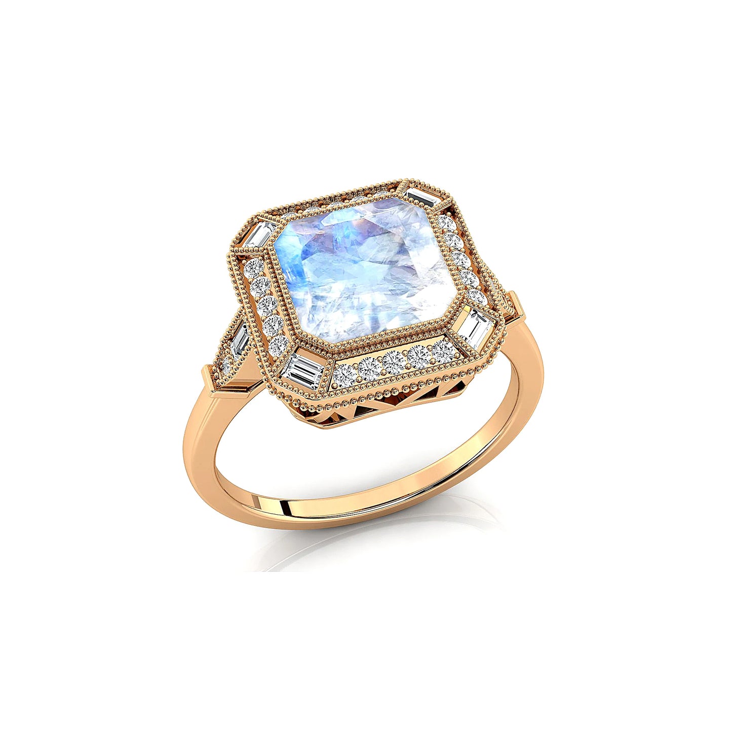 Luxurious Design Natural Rainbow Moonstone Gemstone Dainty Rings 18k Solid Gold Rhodium Plated Classic Wedding Real White