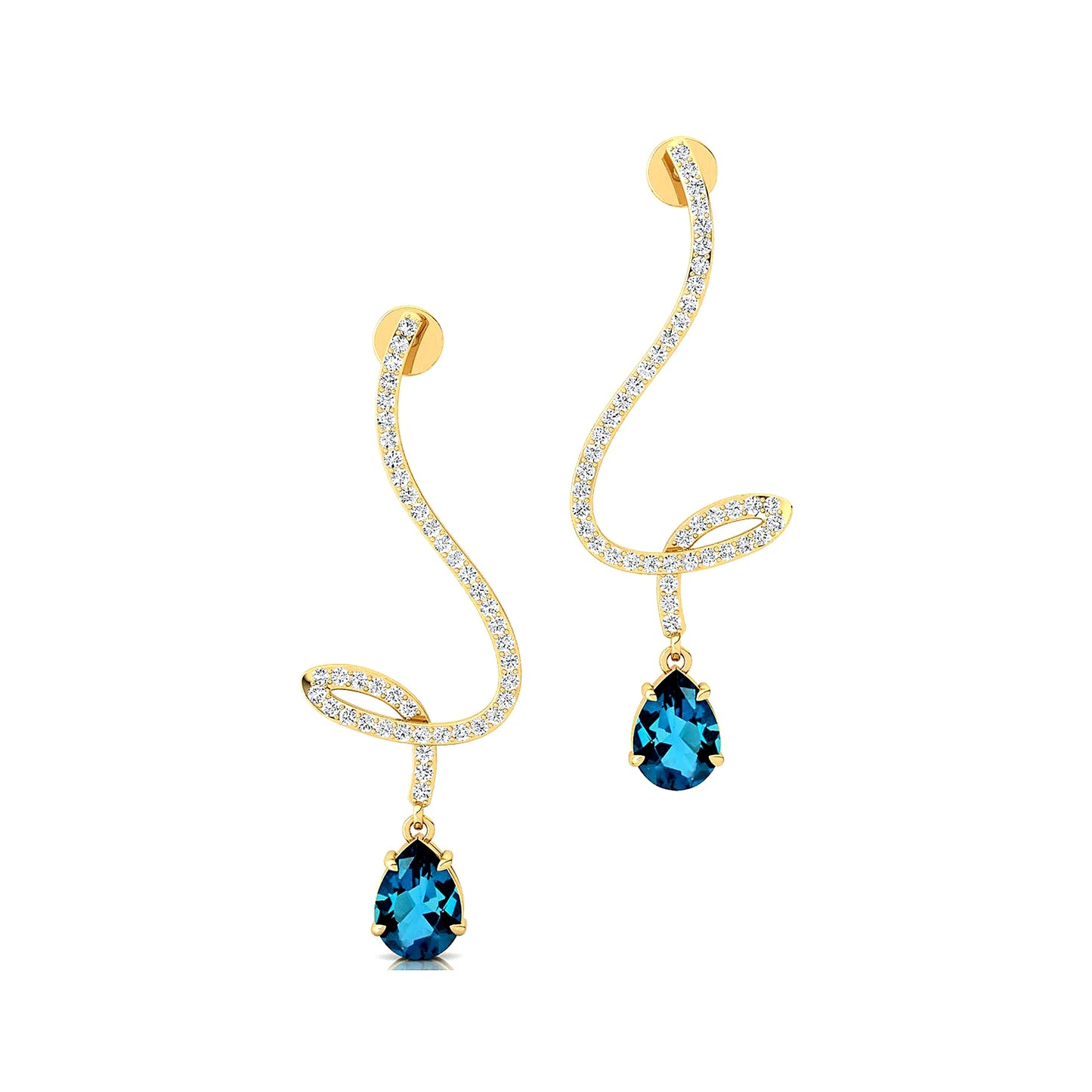 Pear Cut Natural London Blue Topaz Gemstone & Real Diamonds Dangling Drop Earrings 18k Solid Gold Rhodium Wedding Gift For Her