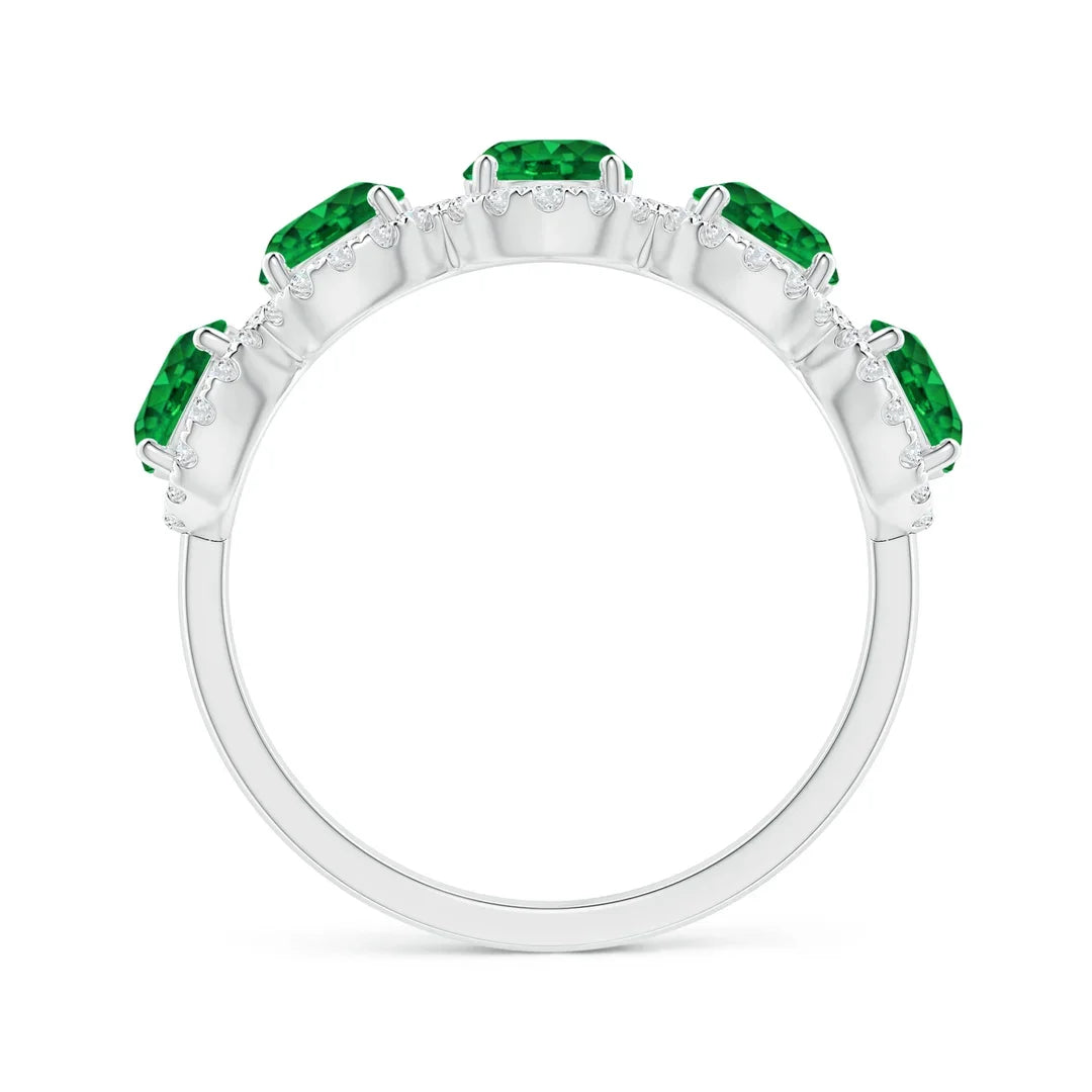 14K Solid Gold Five Natural Green Emerald Gemstone Half Eternity Halo Ring Fine Jewelry Top Selling Wedding Unisex Handmade Ring