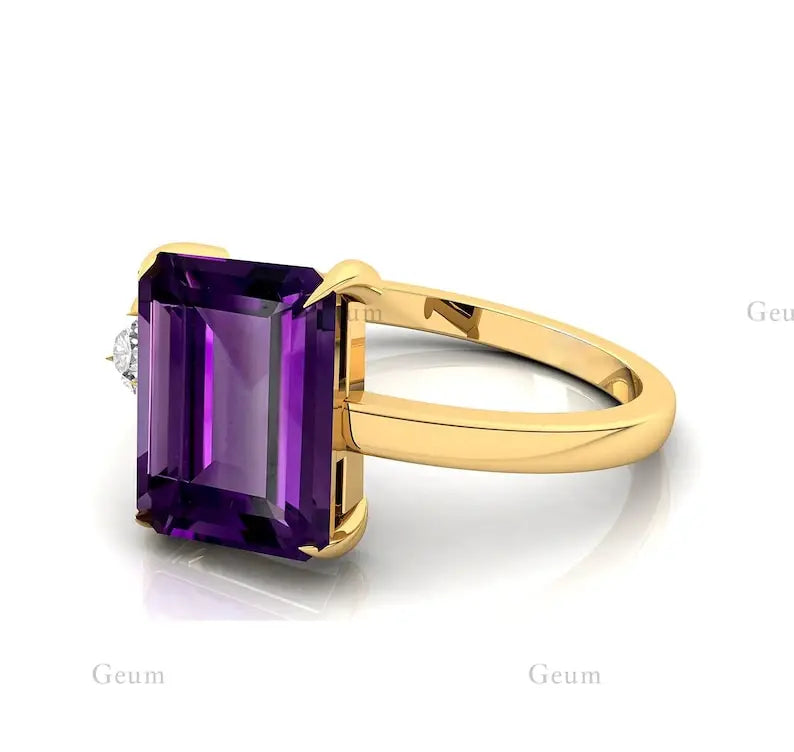 Natural Purple Amethyst Gemstone 14K Real Solid Gold Solitaire Ring for Women Unique Design with IGI Certified Diamond Jewelry