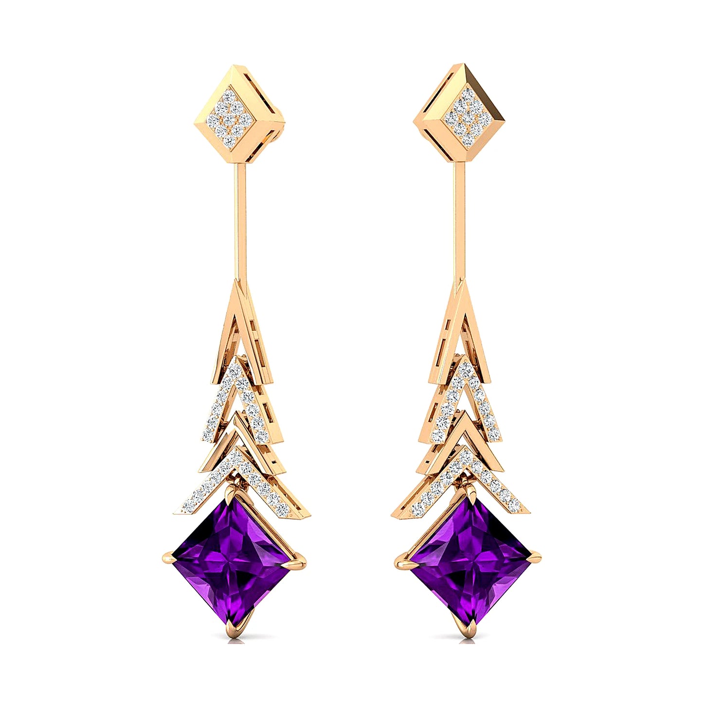 Finest Quality Natural Amethyst Gemstone Real Diamonds 18K Solid Yellow Gold Rhodium Plated Dangle Drop Wedding Party Gift