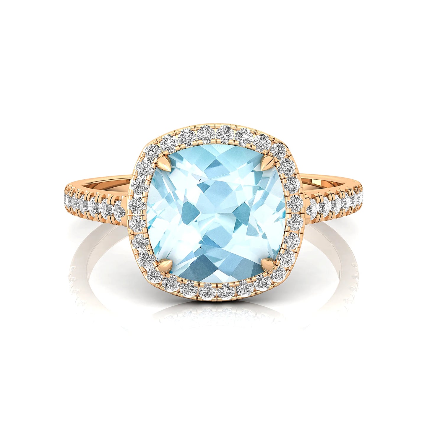 14k Solid Gold Cushion Cut Aquamarine March Birthstone Wedding Bridal Party Fashion Ring for Women Classic Fine Jewelry
