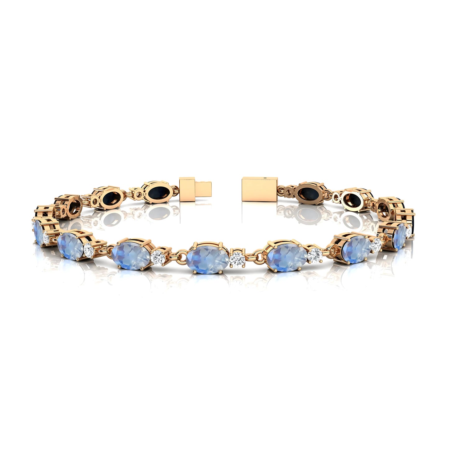 Natural Oval Shape Rainbow Moonstone Tennis Bracelet 14K Gold Prong Set Wedding Gift Luxury Party