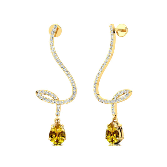 Lab Yellow Sapphire and Real Diamonds Dangling Drop Earrings OEM Vintage Style Cut Solid Gold Fine Jewelry Bridal Party Gift
