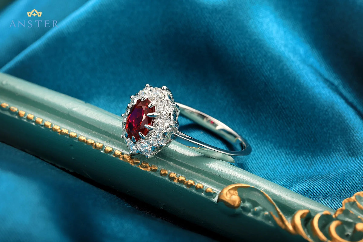Gemfiori Anster Lab Created Ruby Oval Cut Women Ring S925 Sterling Silver Lab Made Diamonds and Ring