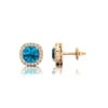 Swiss Blue Topaz Gemstone & Real Diamond Stud Earrings Cushion Cut Halo Design Rhodium Plated Solid Gold Stud Earrings For Women