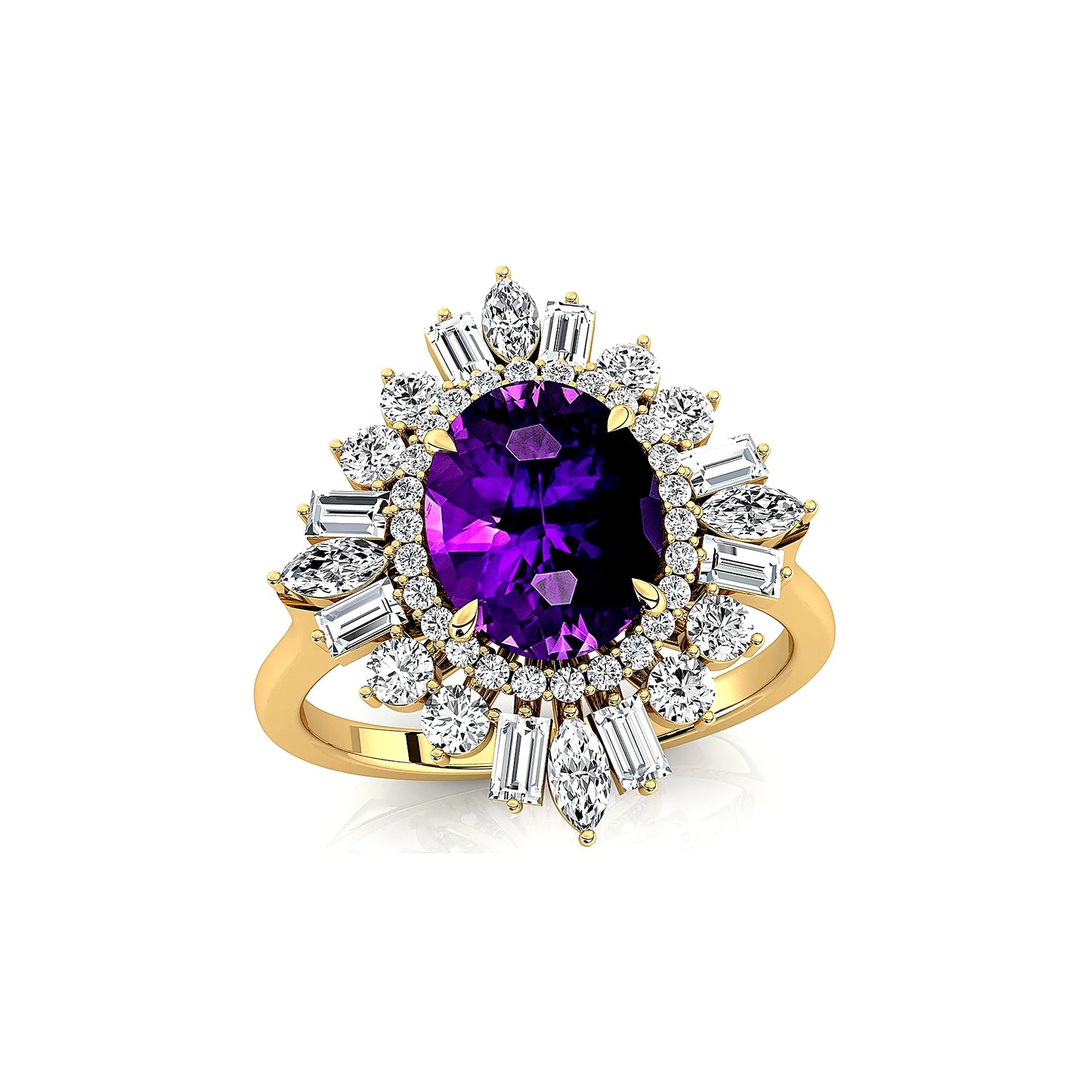 14k Solid Gold Ring Natural Amethyst Gemstone and Real White Diamonds Rhodium Plated Engagement Halo Ring OEM Wholesale Jewelry
