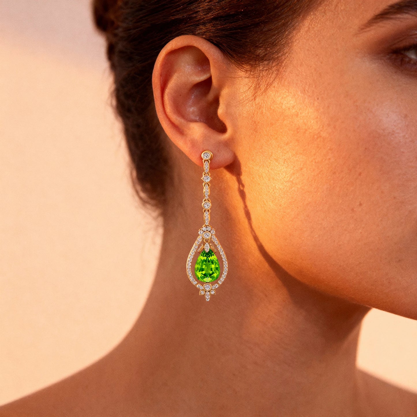Solid Gold 18Kt Natural Peridot Gemstone Real Diamond Trendy Design Dangle Drop Earrings Cute Wedding Gift Party Rhodium Plated