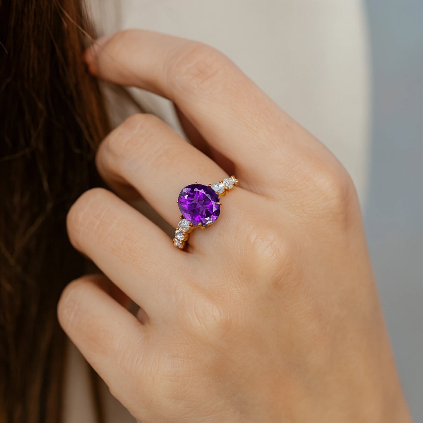 Solid 14k Yellow Gold Natural Amethyst Gemstone & Diamond Delicate Solitaire Wedding Anniversary Ring Handmade Fine Jewelry Bulk