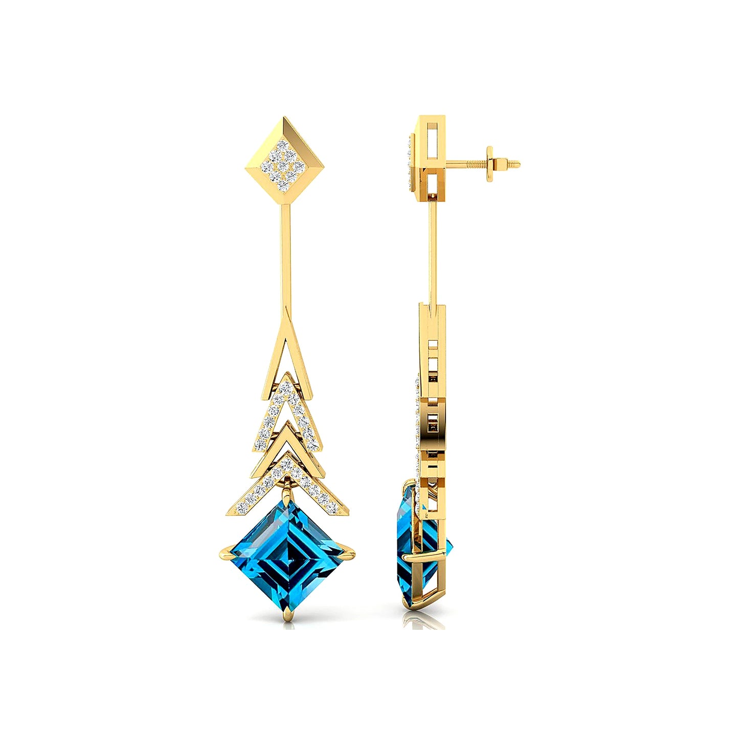 18k Solid Gold Cute Wedding Gift Earrings with London Blue Topaz and Round Cut Diamonds Luxurious Drop Earrings For Birthday