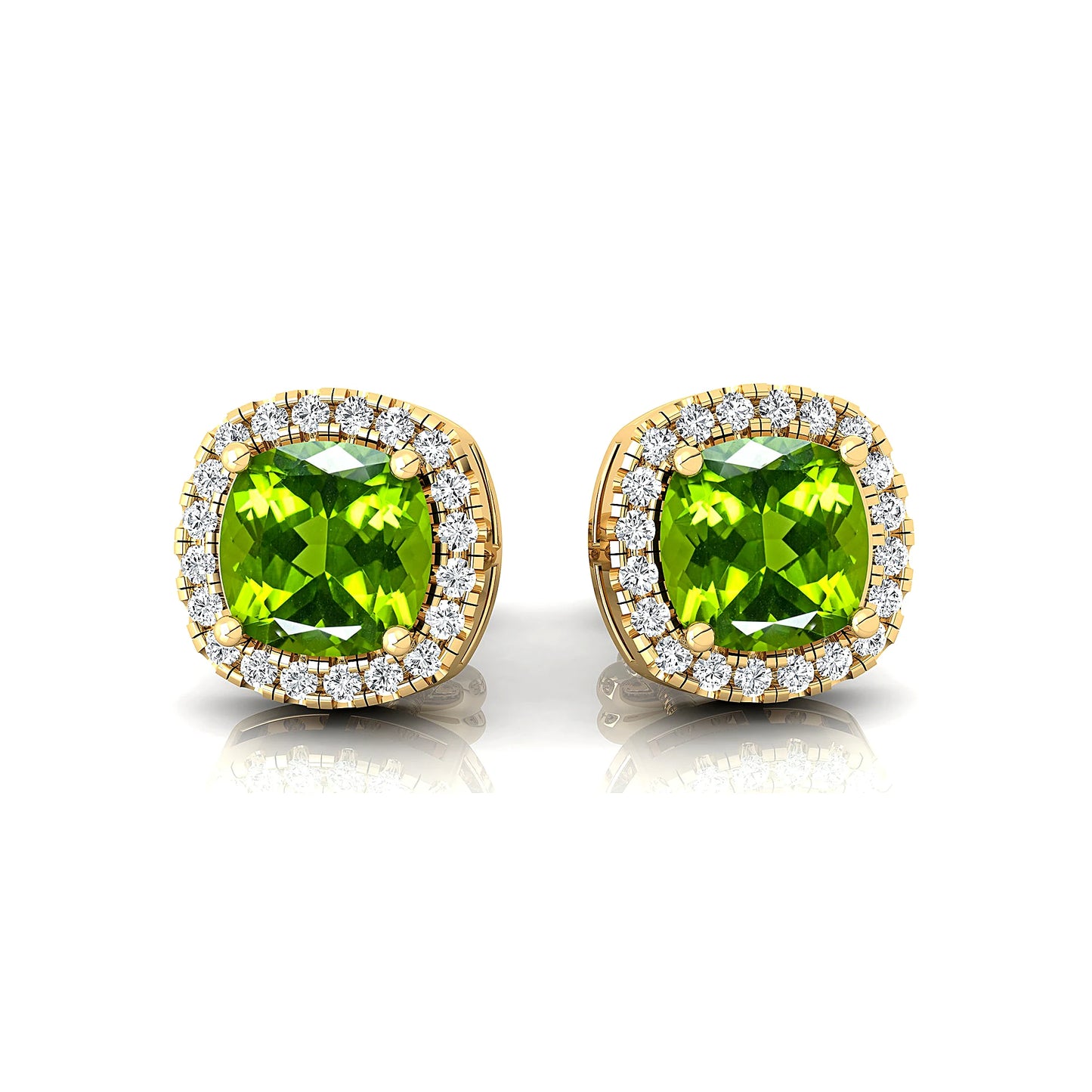 Pure 18k Solid Gold Solitaire Stud Earrings Cute Natural Peridot Gemstone & IGI Certified White Diamond Halo Wedding Earrings