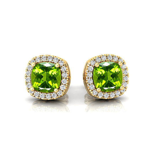 Pure 18k Solid Gold Solitaire Stud Earrings Cute Natural Peridot Gemstone & IGI Certified White Diamond Halo Wedding Earrings
