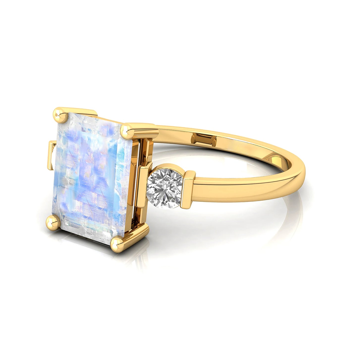 Classic Unisex Solid Gold Rainbow Moonstone & Diamond Pave Setting Certified Ring Engagement Wedding Party Gift Her OEM ODM