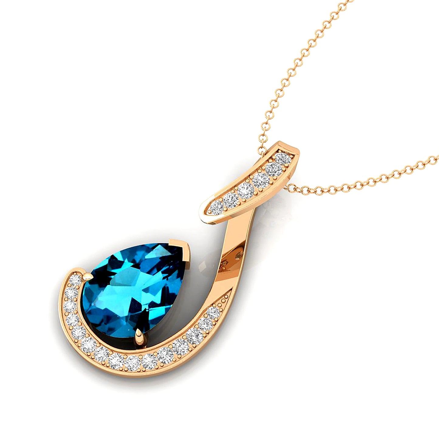 Natural London Blue Topaz Gemstone 18Kt Yellow Gold Charm's Pendant Necklace Real Diamonds Cute Rhodium Plated Fine Jewelry