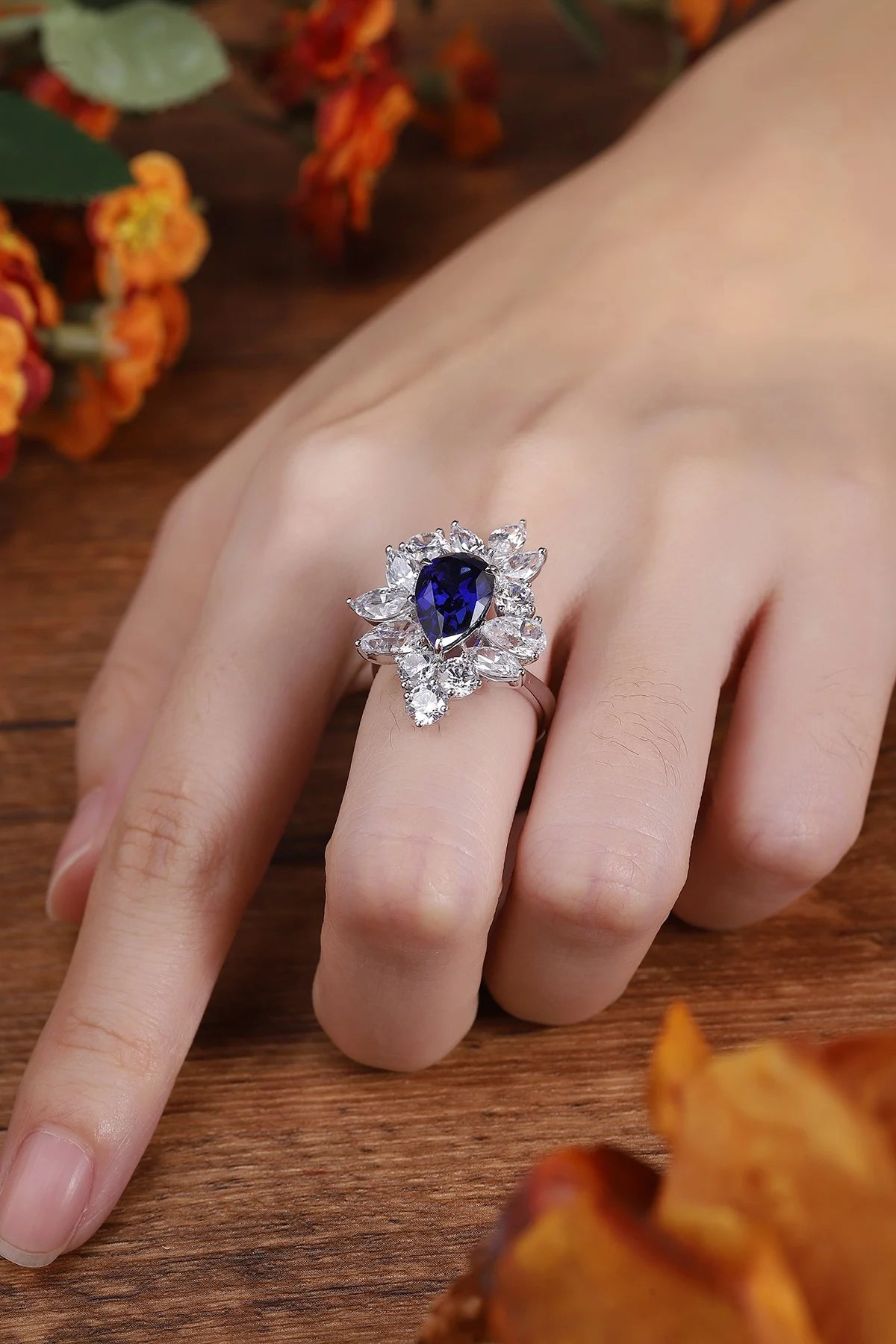 Gemfiori Anster Pear Cut Lab Made Diamonds and Ring S925 Sterling Silver Lab Created Blue Sapphire Women Ring