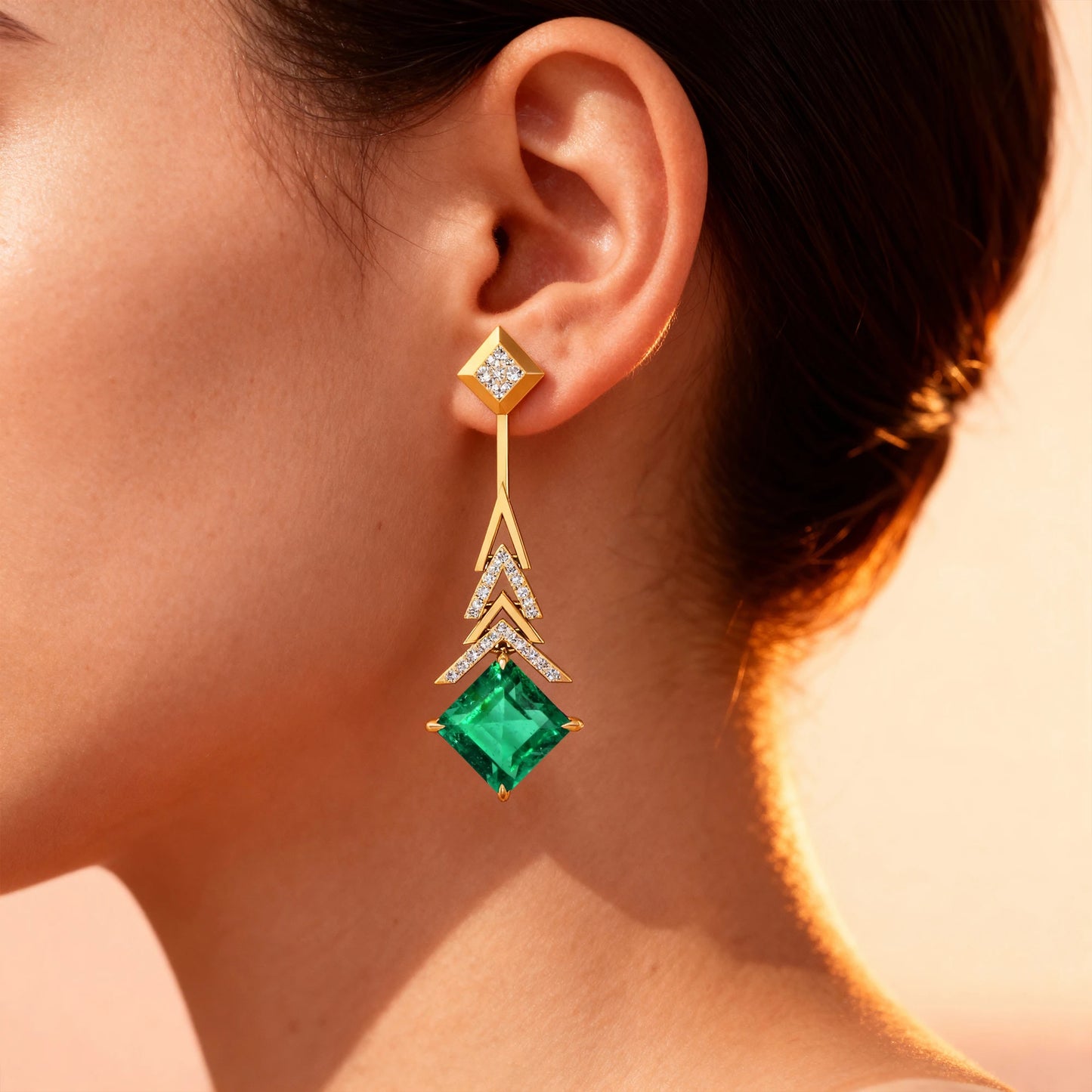 Quality Lab Grown Emerald Dangle Drop Earrings With Diamonds 18k Solid Yellow Gold Rhodium Plated Wedding Party May Birthstone