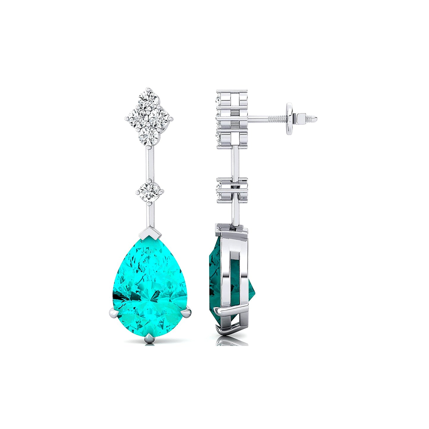 18k Solid Gold Lab Grown Paraiba Tourmaline Gemstone Real Certified Diamonds Rhodium Plated Luxurious Cute Tear Drop Earrings