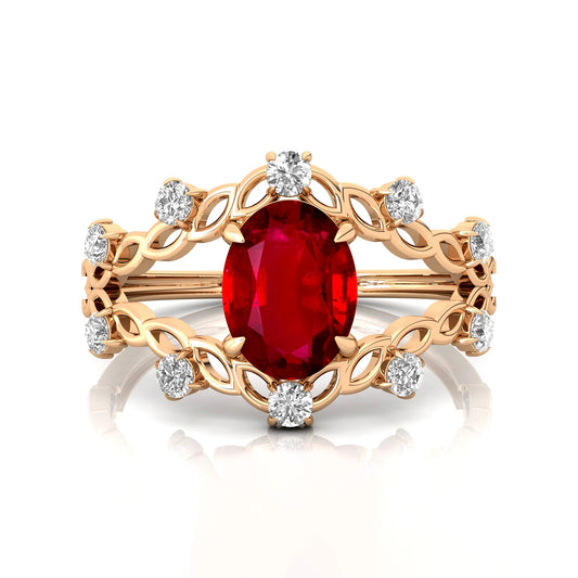 14k Gold Oval Cut Lab Grown Ruby & Real Diamond Statement Rings Luxurious Fine Jewelry Birthstone Unique Boho Design Gold Ring