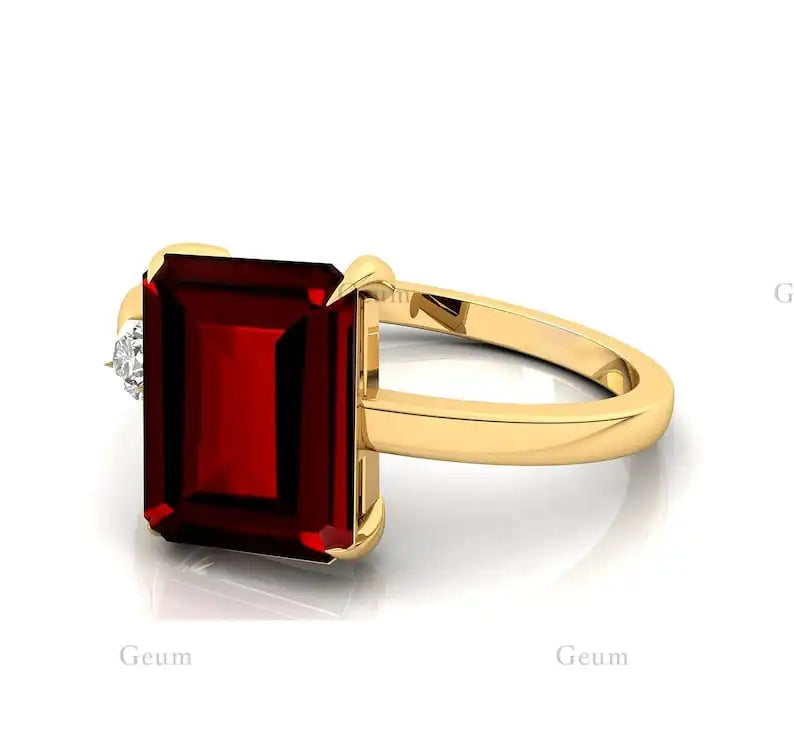 Emerald Cut Red Garnet Gemstone Solid Gold Rhodium Plated Ring Brilliant Cut Diamond Luxury Engagement Wedding Party Gift