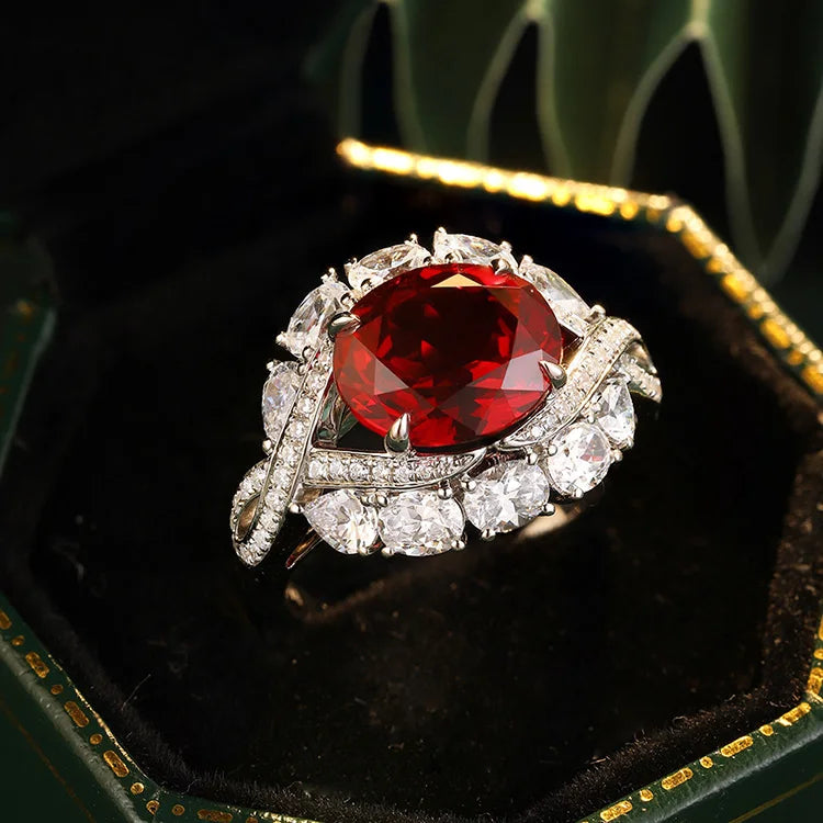 Gemfiori Anster Oval Cut Lab Created Ruby Women Ring Lab Made Diamonds and Ring S925 Sterling Silver