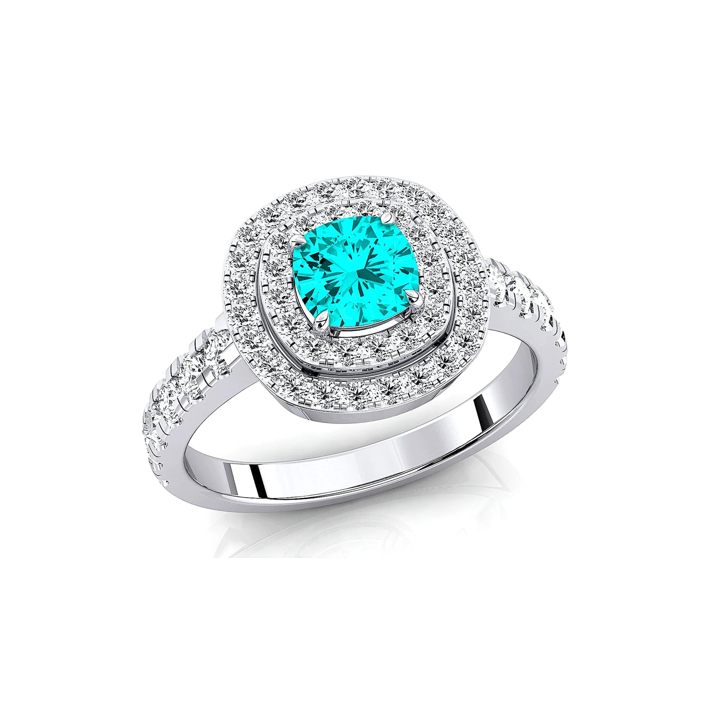 18kt Solid Gold Lab Grown Paraiba Tourmaline Real Diamond Classic Wedding Double Halo Ring Rhodium Plated Fine Jewelry For Gift