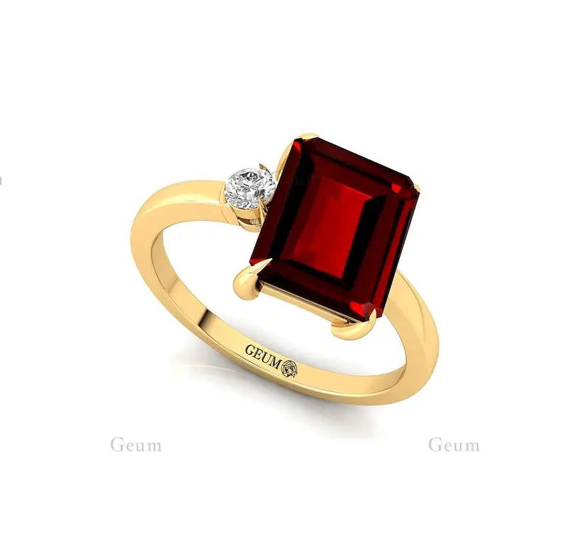Emerald Cut Red Garnet Gemstone Solid Gold Rhodium Plated Ring Brilliant Cut Diamond Luxury Engagement Wedding Party Gift