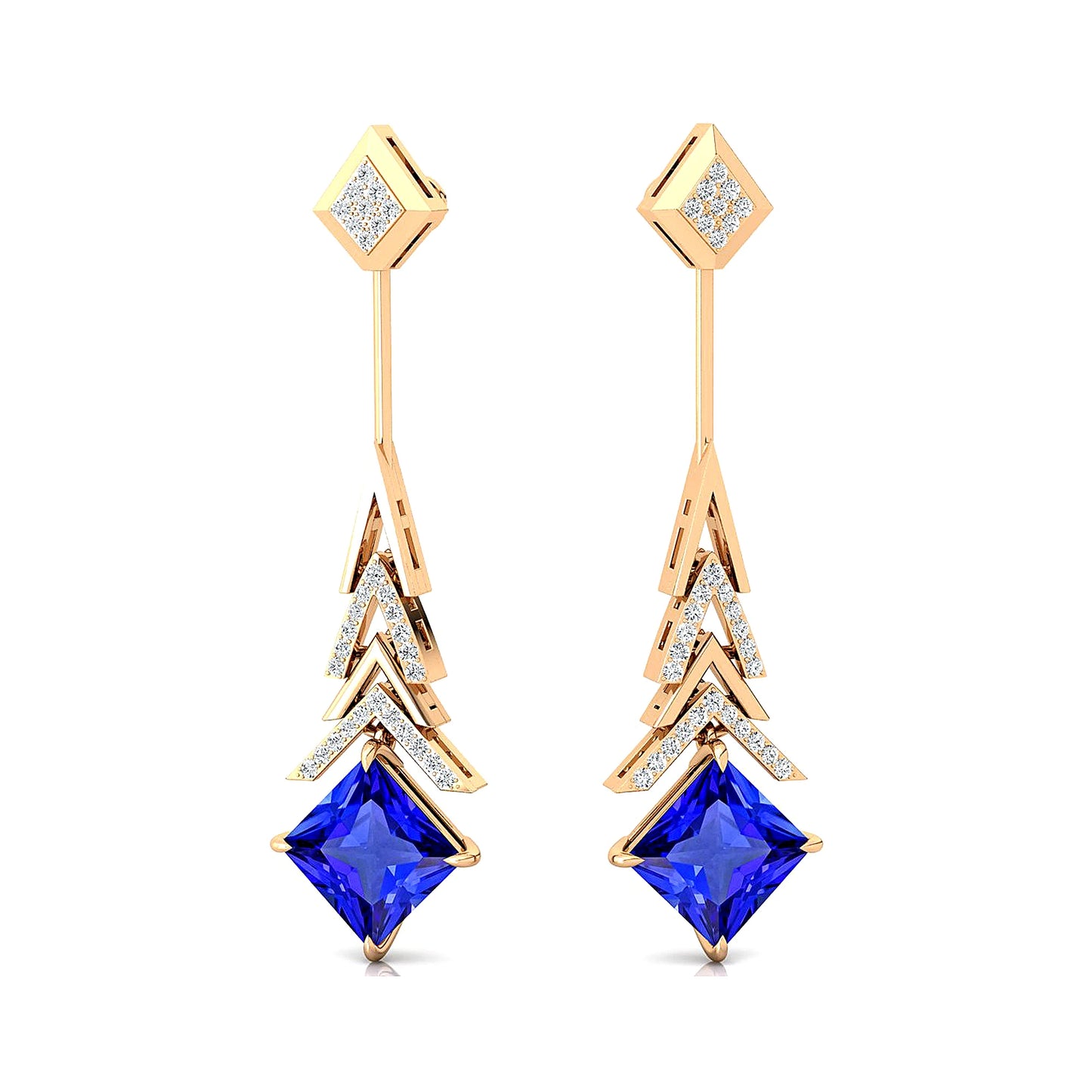 18k Gold Luxury Tanzanite Gemstone Fine Drop Princess Cut Real Diamond Elegant Design Solid Gold Rhodium Plated Cute Style Gift