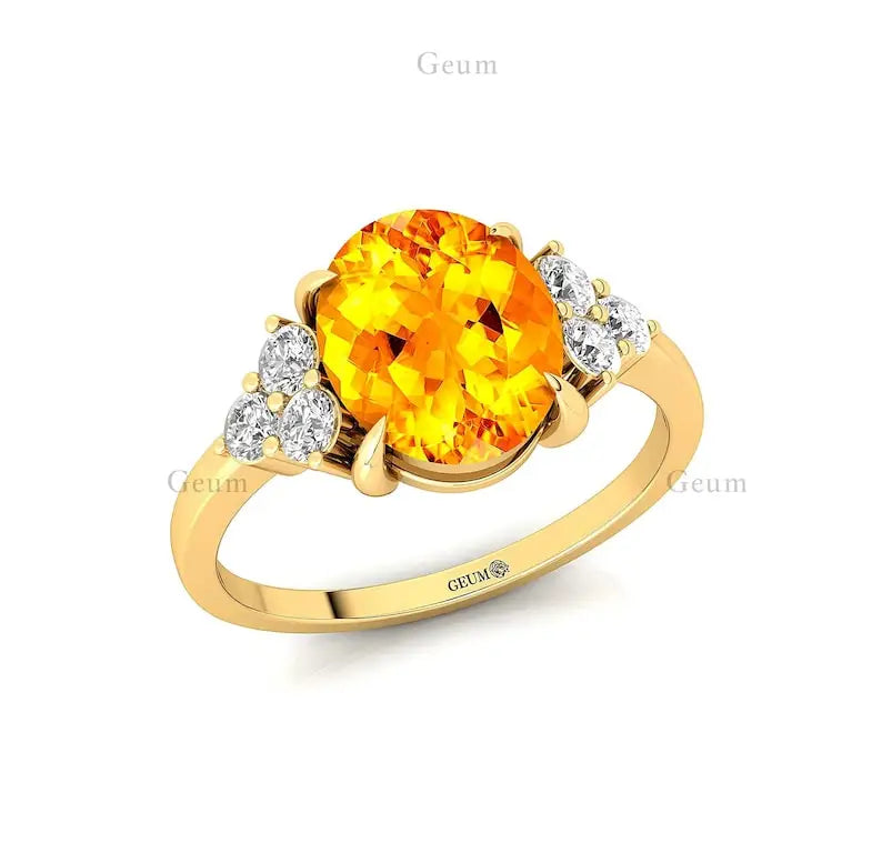 Luxury Solid Gold Oval Cut Citrine Gemstone Ring Real Diamonds Pave Setting Certified Statement Wedding Engagement Ring Party