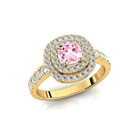 18K Solid Gold Rhodium Plated Cluster Halo Rings with Natural Morganite Gemstone and Real Diamonds Statement Wedding Fine Ring