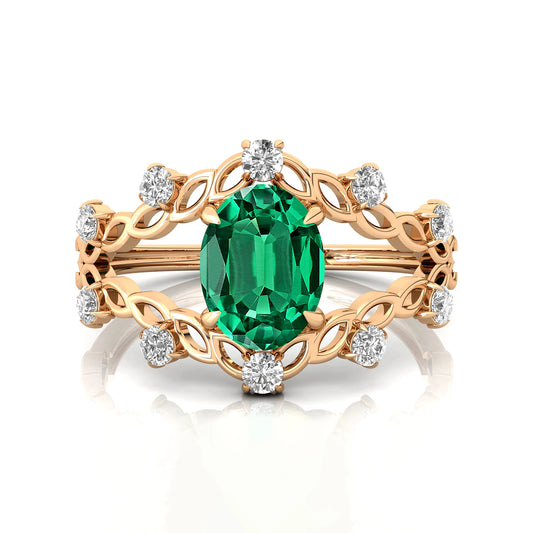 Lab Grown Oval Emerald Gemstone & Real Diamond Ring 14K Yellow Gold Classic Engagement Jewelry Birthday Gift Her Wholesale OEM