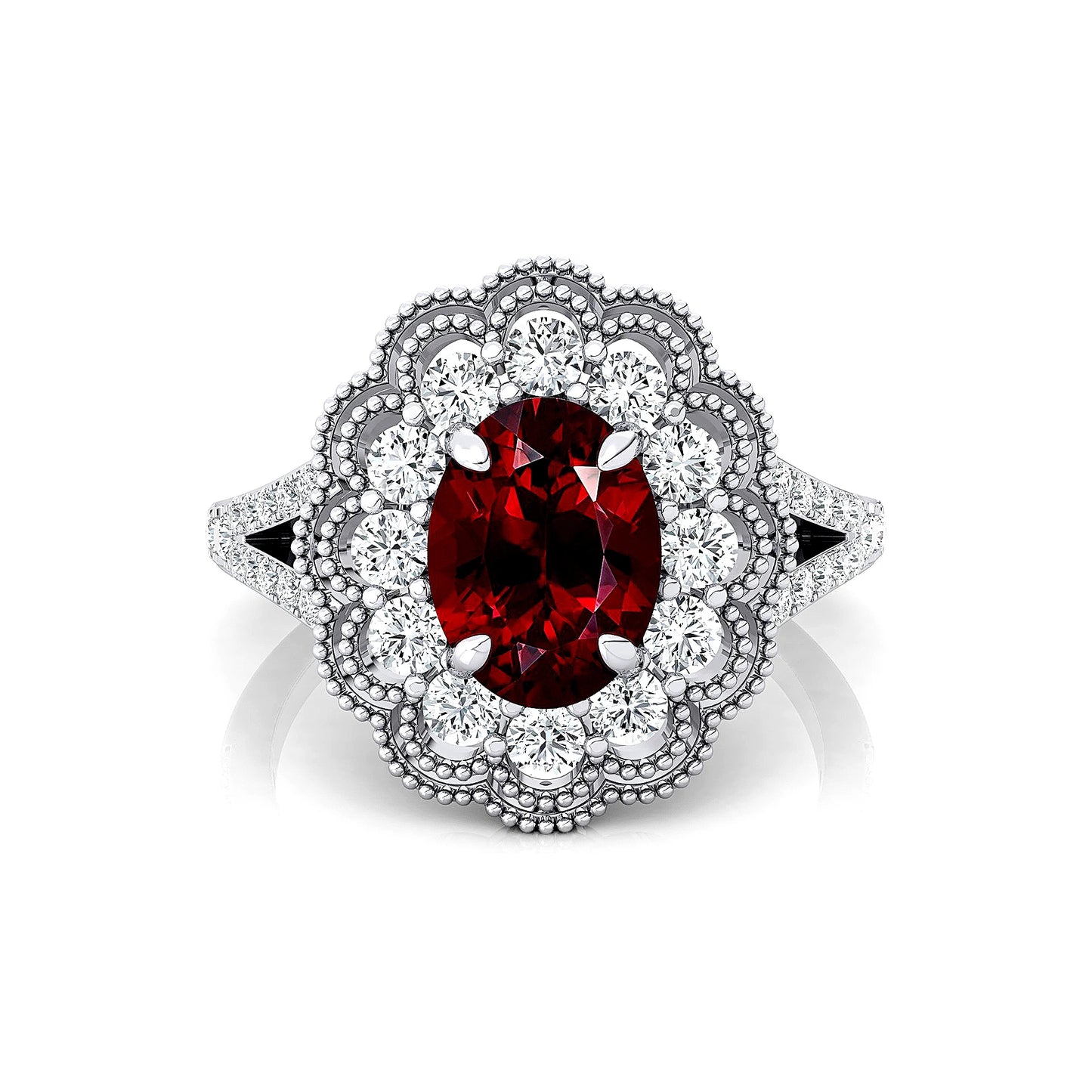 14k Solid Gold Rings Natural Garnet Gemstone Fine Real Diamonds Rhodium Plated Classic Women's Oval Cut Birthstone Halo Ring