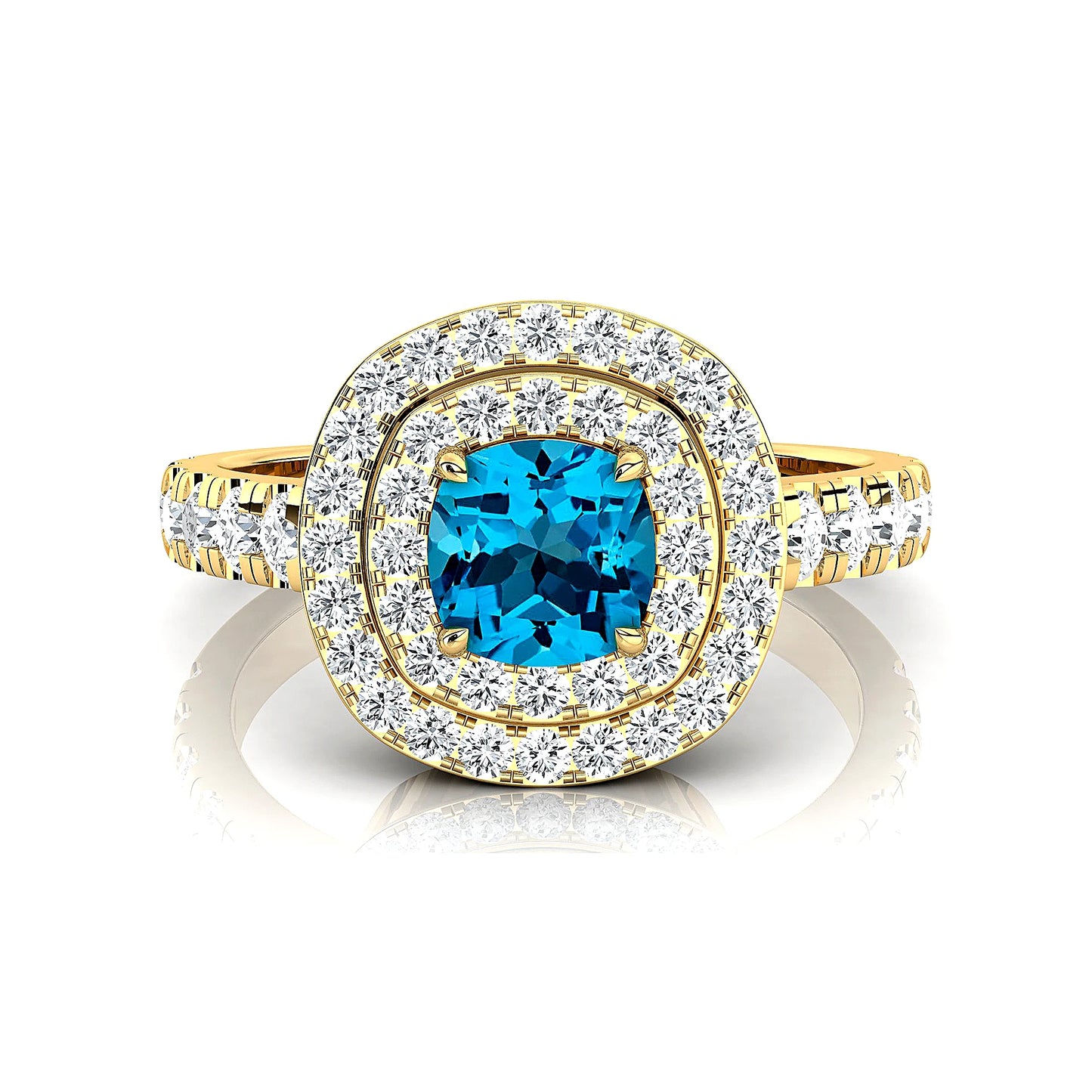 14k Solid Gold Rings Cushion Cut Natural Swiss Blue Topaz Gemstone Real Diamonds Rhodium Plated Classic Luxurious Halo Ring