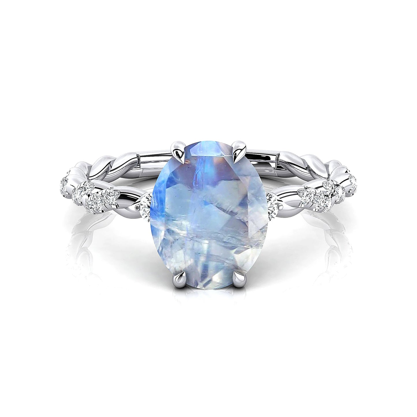 Natural Rainbow Moonstone Real Pave Diamonds Solitaire Twisted Ring 18kt Solid Gold Rhodium Plated Prong Set Bridal Party Rings