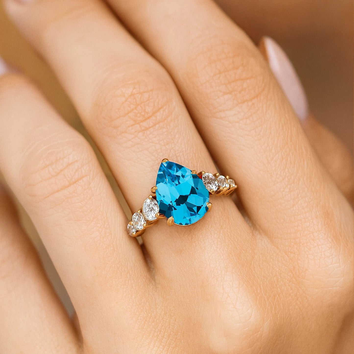 14K Pure Yellow Gold Ring Natural Swiss Blue Topaz Gemstone Women Classic Cluster Bridal Engagement Rings Real Gift for Her