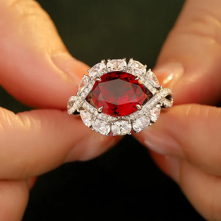 Gemfiori Anster Oval Cut Lab Created Ruby Women Ring Lab Made Diamonds and Ring S925 Sterling Silver